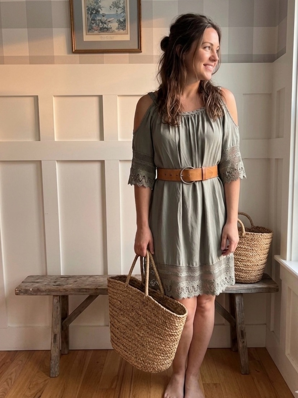 Italian Women's Sage‎ Cold-Shoulder Crochet Hem Dress Small